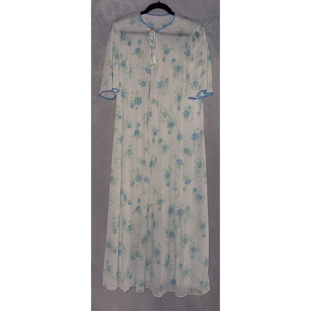 Vintage Sears Sheer Robe S 32-34 Blue Floral Peignoir Bell Sleeve 60s 70s